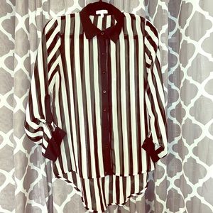 For the Chic Referees… Black & White Stripe Sheer collared button up HiLo Top